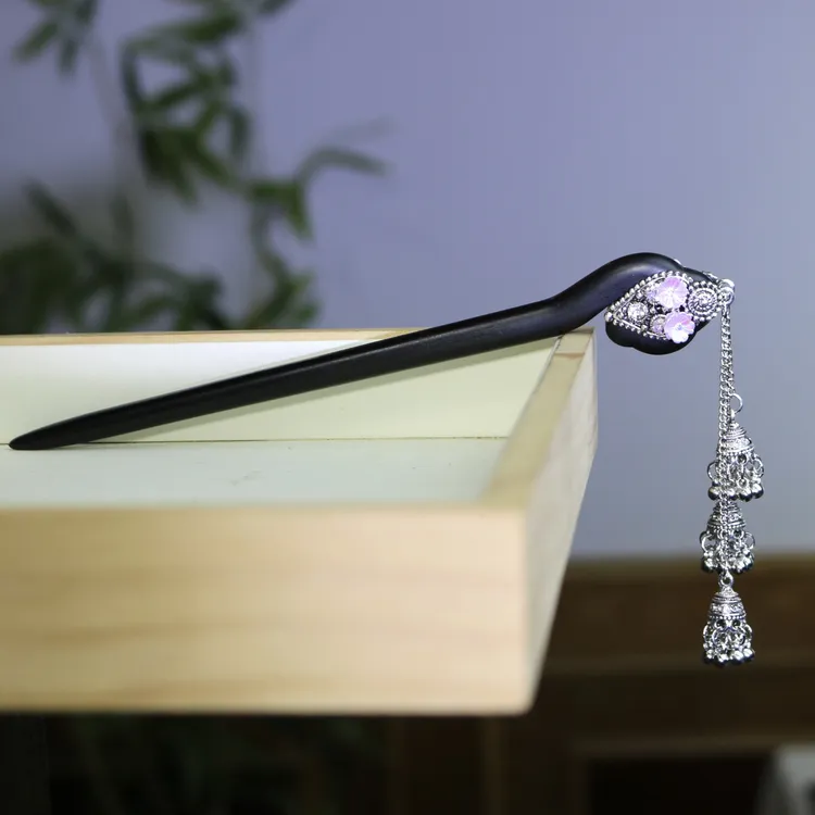 黑檀木发簪双面18cm【云归】中国风步摇复古流苏日常古风盘发簪