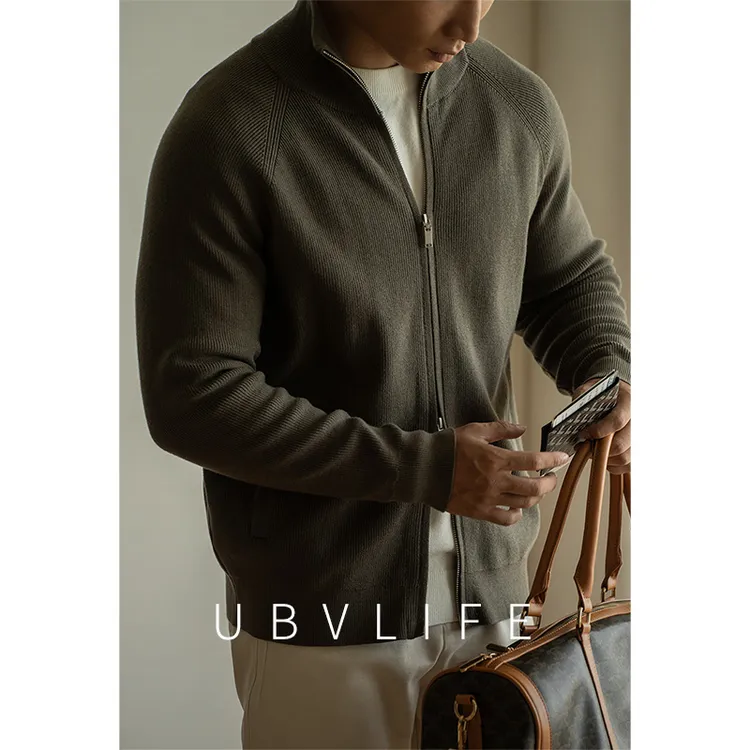 莱赛尔羊毛混纺12针插肩袖双拉链针织开衫男士2025秋冬半开领外套