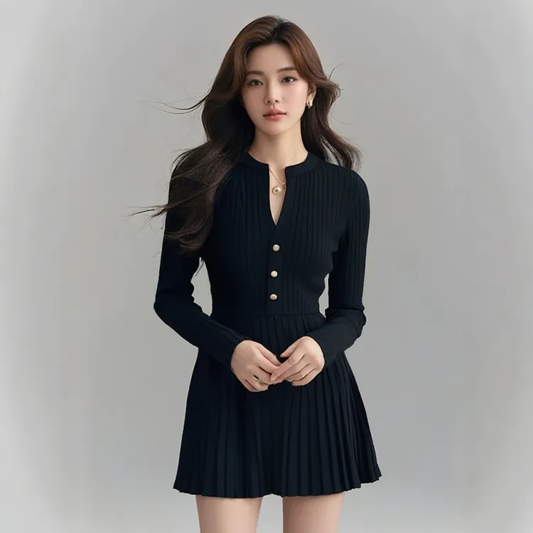 【现货+运补】黑色打底针织连衣裙女冬气质显瘦收腰百褶裙清仓9010