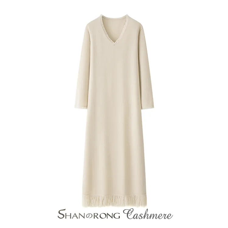 羊绒流苏毛边连衣裙中长款100%纯山羊绒宽松加大码保暖针织长裙子