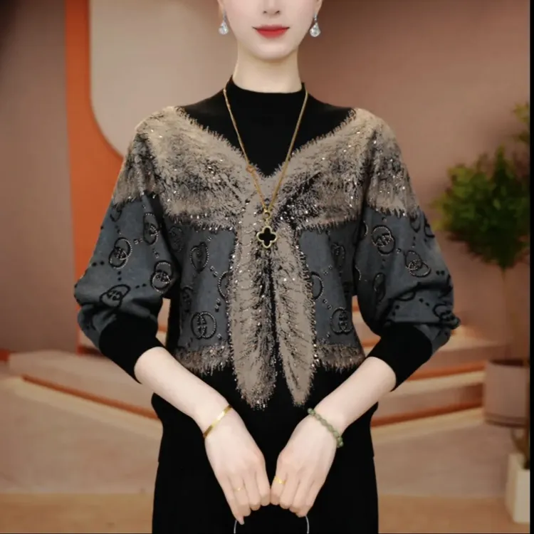 冬季百搭宽松潮流显瘦新款针织衫时尚洋气高档长袖中老年打底毛衣