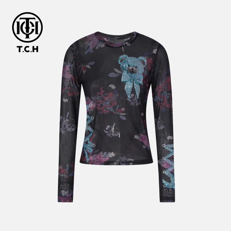 TCH私服烫钻工艺时尚休闲百搭小熊秋款打底衫T75C02E5008轻奢tch