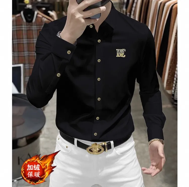 轻奢免烫加绒长袖男士衬衫潮流痞帅抗皱修身烫钻冰丝无痕休闲衬衣
