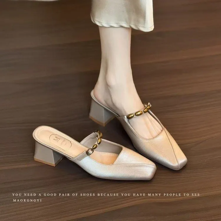 倾凡新款无后跟穆勒鞋包头凉拖鞋女夏外穿方头粗跟半拖单鞋夏季