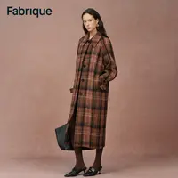 Fabrique Cristha 落日橘棕格纹绵羊毛马海毛翻领微茧型长款大衣