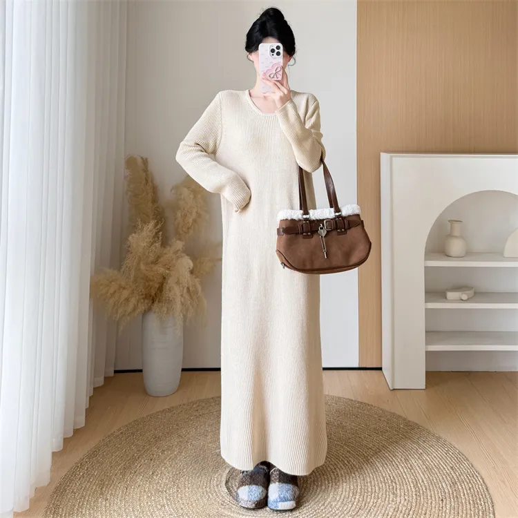 #8712 绵羊毛针织打底连衣裙女秋冬新款配大衣宽松保暖厚毛衣裙