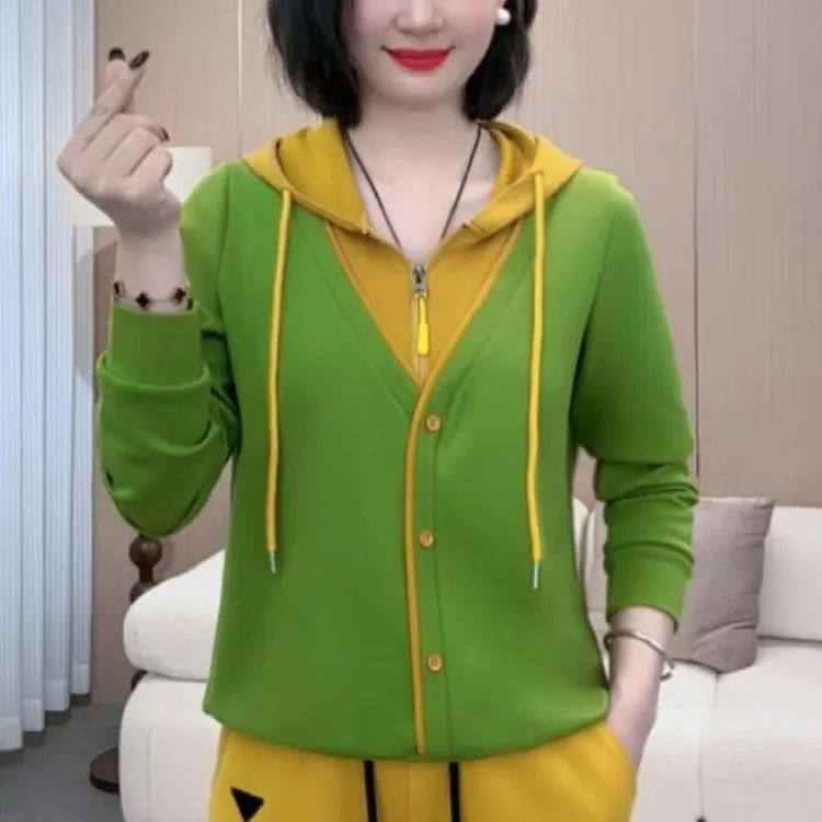 2025春季时尚洋气潮流新品连帽拉链撞色简约百搭显瘦上衣P2244
