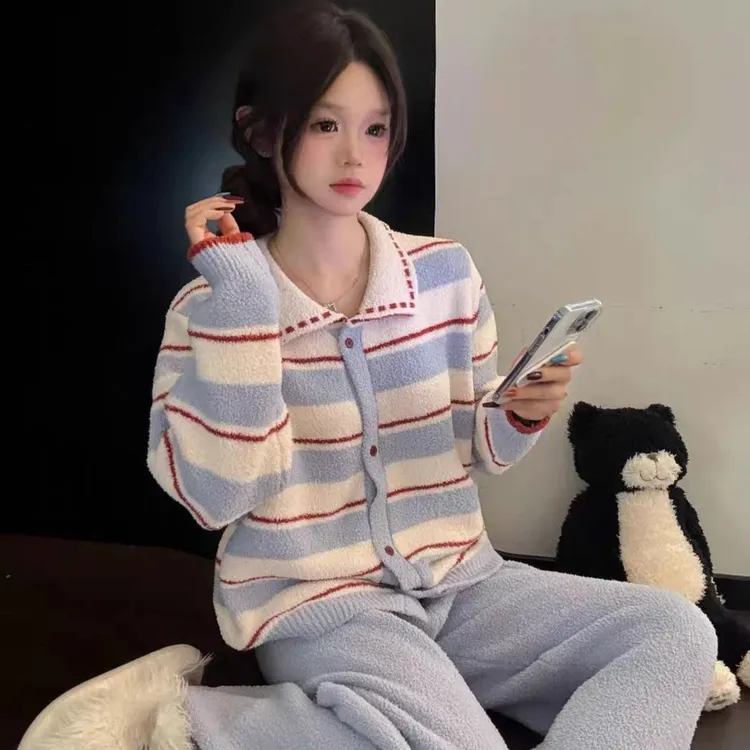 秋冬新款撞色条纹翻领半边绒加厚保暖女睡衣可外穿家居服套装