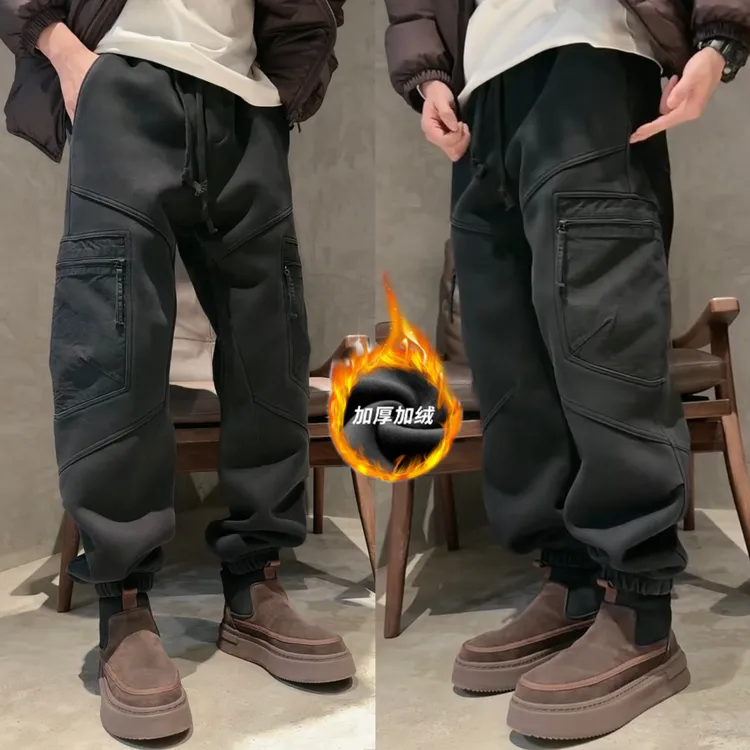 高品质冬季新款大口袋工装裤男士2025加绒加厚水洗做旧束脚休闲裤
