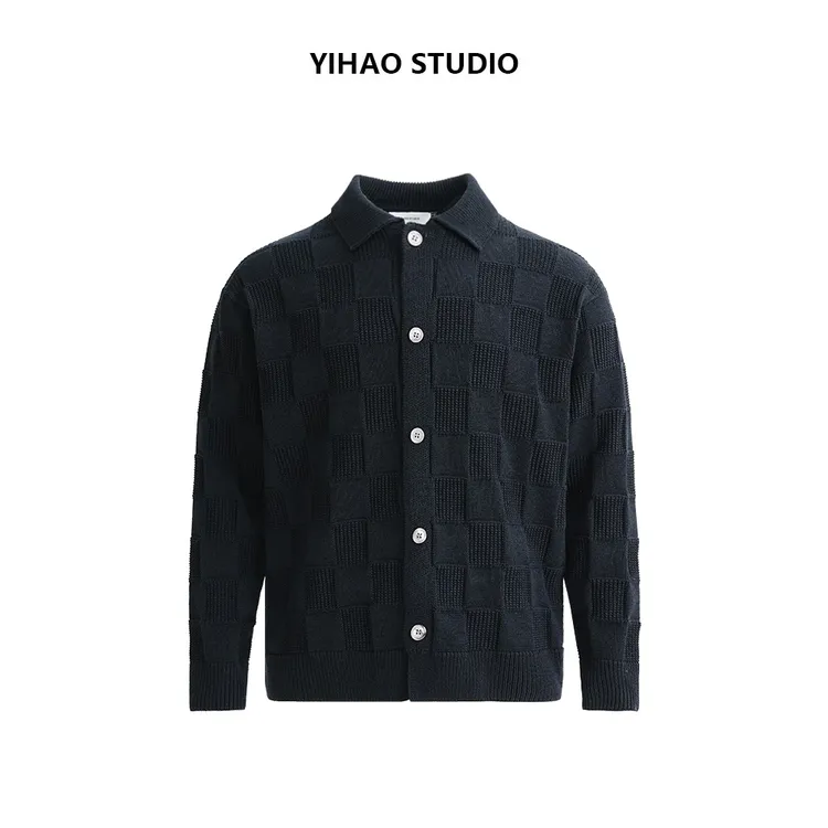 YIHAO STUDIO秋冬新款高档老钱风棋盘格针织开衫时尚毛衣小外套