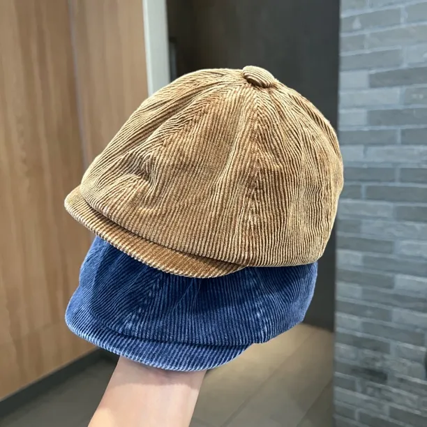 亲子款~灯芯绒贝雷帽复古做旧反戴前进帽儿童秋冬洋气穿搭报童帽