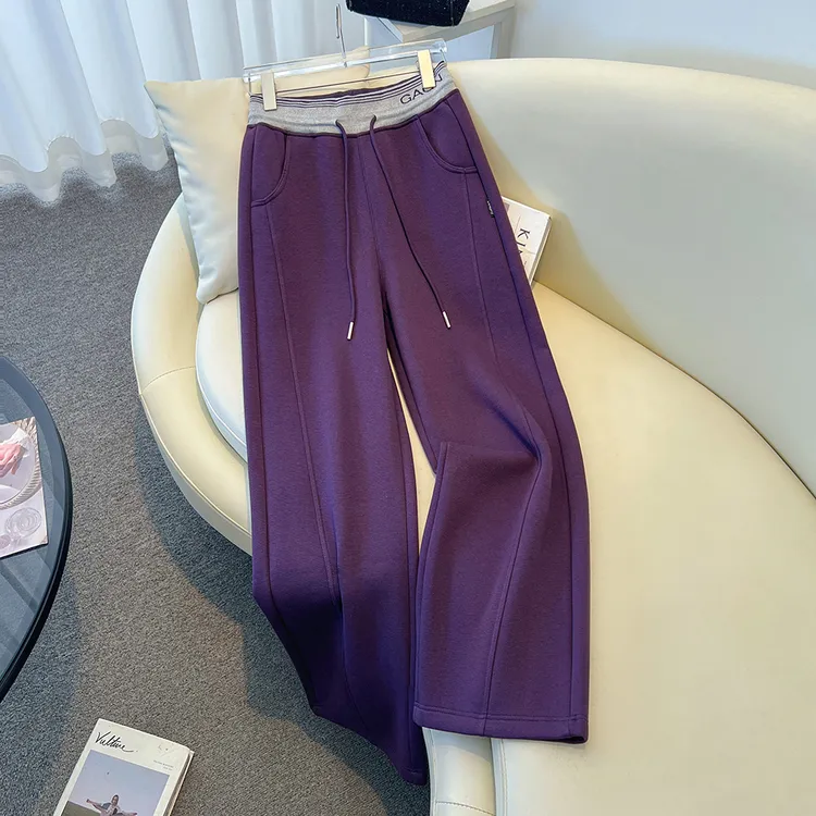 高端撞色直筒阔腿裤女2025新款春秋宽松休闲厚款妈妈高腰运动长裤