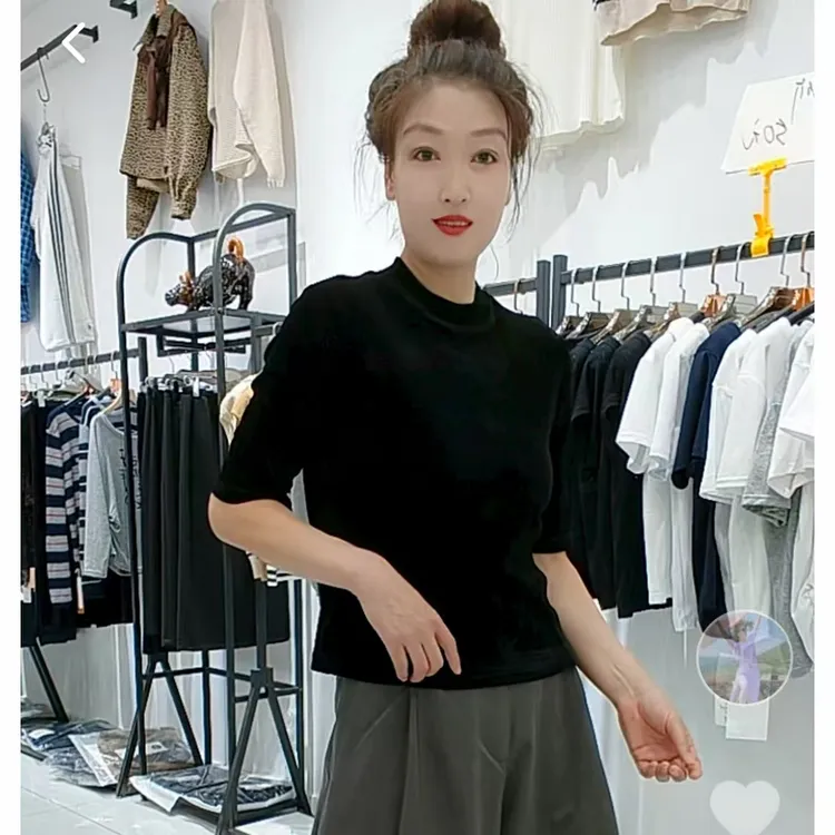 时尚中领显瘦丝绒上衣702早秋款