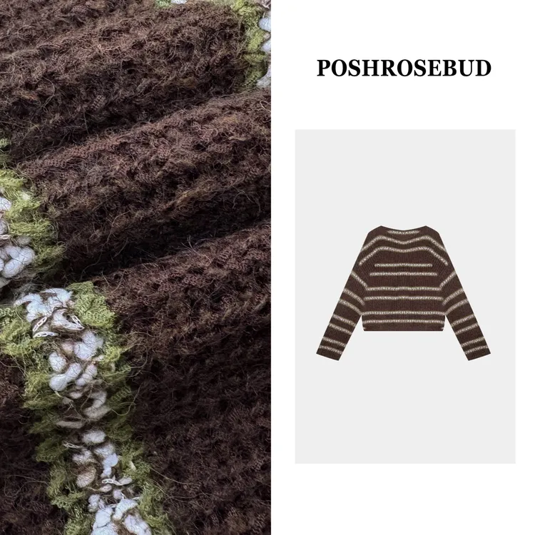 POSHROSEBUD设计师秋季绵羊毛拼色条纹圆领休闲百搭针织衫-6121
