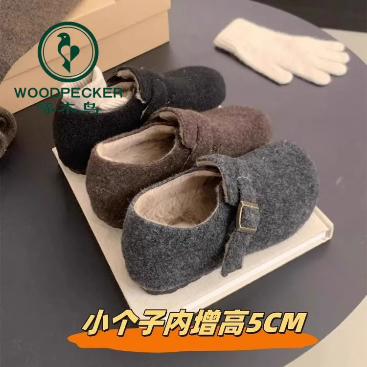 啄木鸟内增高勃肯鞋厚底加绒保暖棉鞋新款毛毛鞋女外穿毛呢豆豆鞋