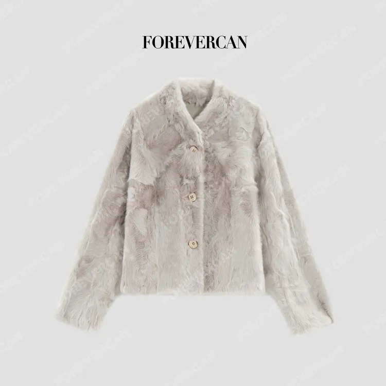 FOREVERCAN“北境雾凇”小湖羊皮毛一体半高领皮草外套FC57500