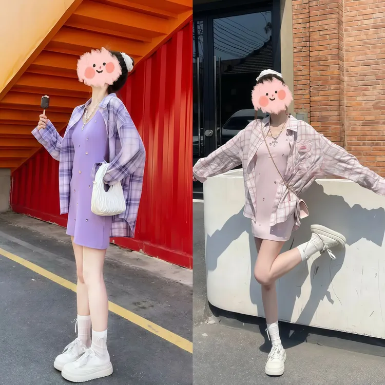 2025韩系宽松慵懒百搭气质显瘦格子衬衫烫钻吊带连衣裙两件套女