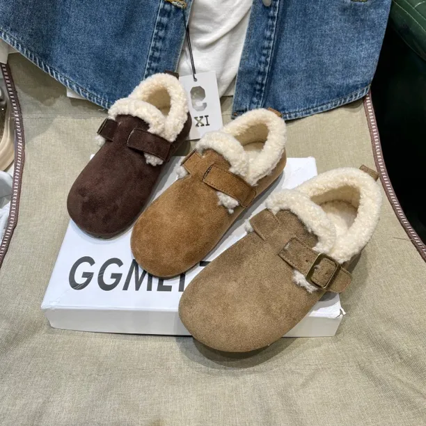 女鞋勃肯鞋毛毛保暖一脚蹬防滑平底超软底反绒皮洋气质棉鞋