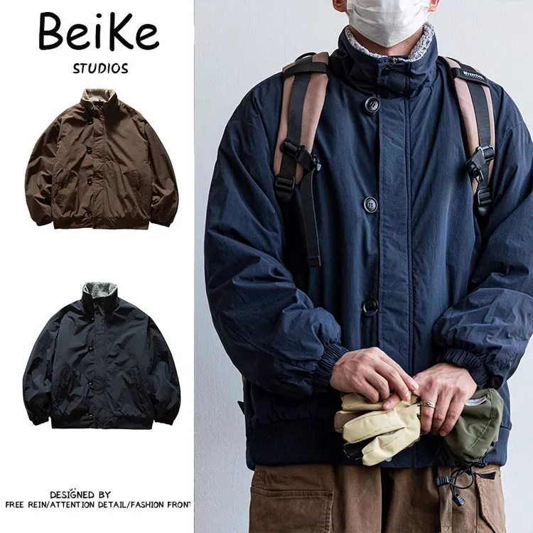 美式潮牌复古羊羔毛立领薄款保暖工装棉服男冬季情侣廓形棉衣外套