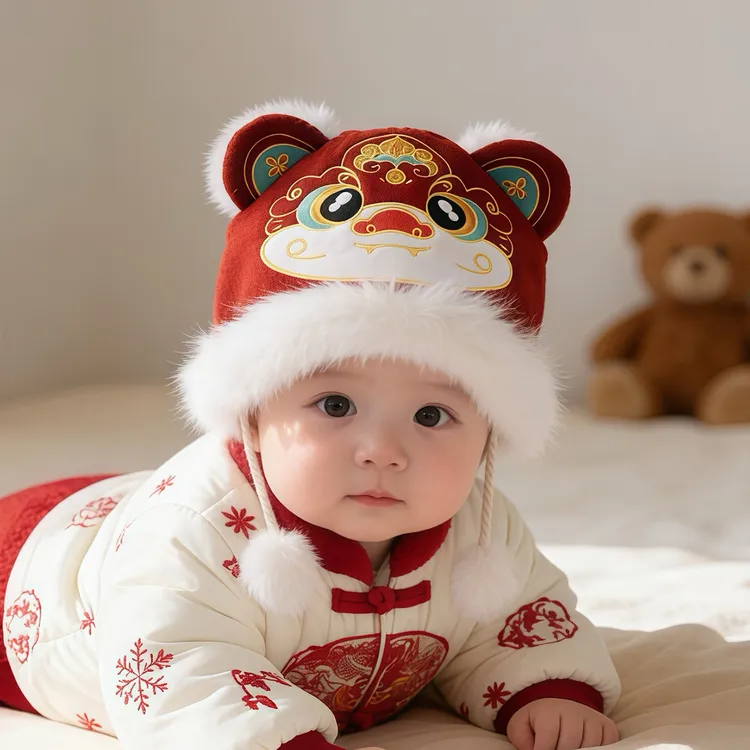婴儿红色新年帽子秋冬季保暖加厚护耳帽男宝女儿童喜庆虎头毛绒帽