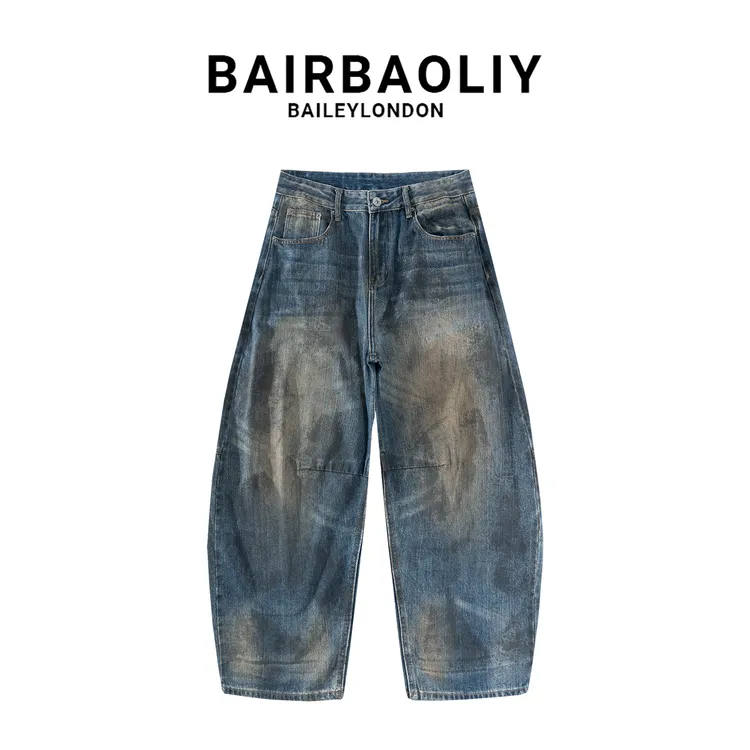 BAIRBAOLIY巴黎风格复古做旧脏脏弯刀牛仔裤男士痞帅宽松阔腿长裤