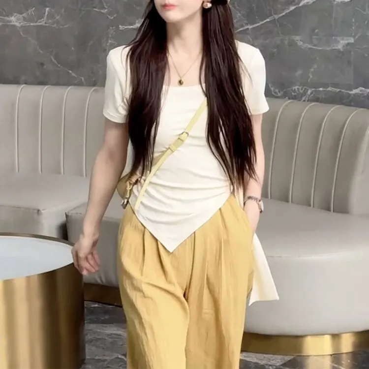 韩系褶皱高腰修身不规则开叉短袖T恤女夏季设计感收腰显瘦上衣潮