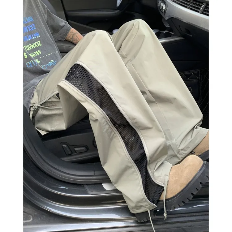 网眼透气速干裤男侧边拉链设计感宽松户外登山裤美式抽绳运动长裤