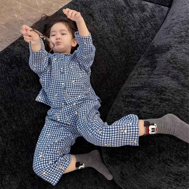 儿童男童女童春秋季卡通格子睡衣宝宝秋装秋裤长袖长裤家居服套装