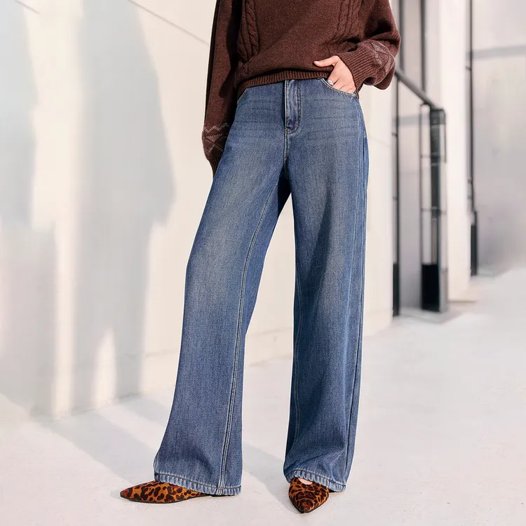 【唐嫣同款 牛奶绒】EP雅莹云柔氧感舒适棉宽松阔腿牛仔裤J609A
