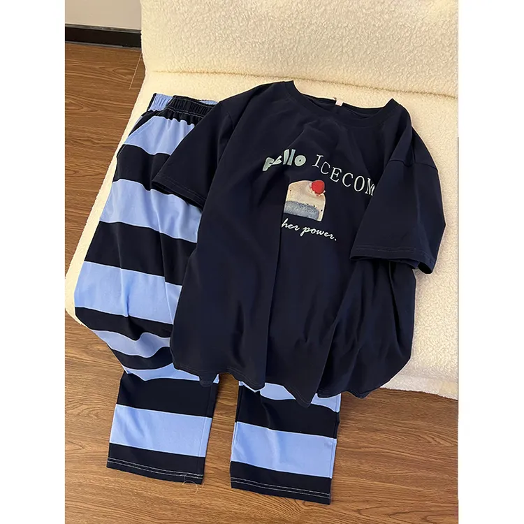 韩系甜美蛋糕印花短袖睡衣女夏季新款条纹长裤可外穿家居服两件套