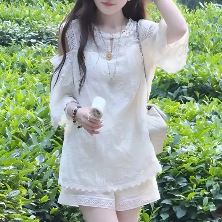 新中式国风套装夏季气质显瘦高级感温柔风蕾丝上衣短裤两件套女