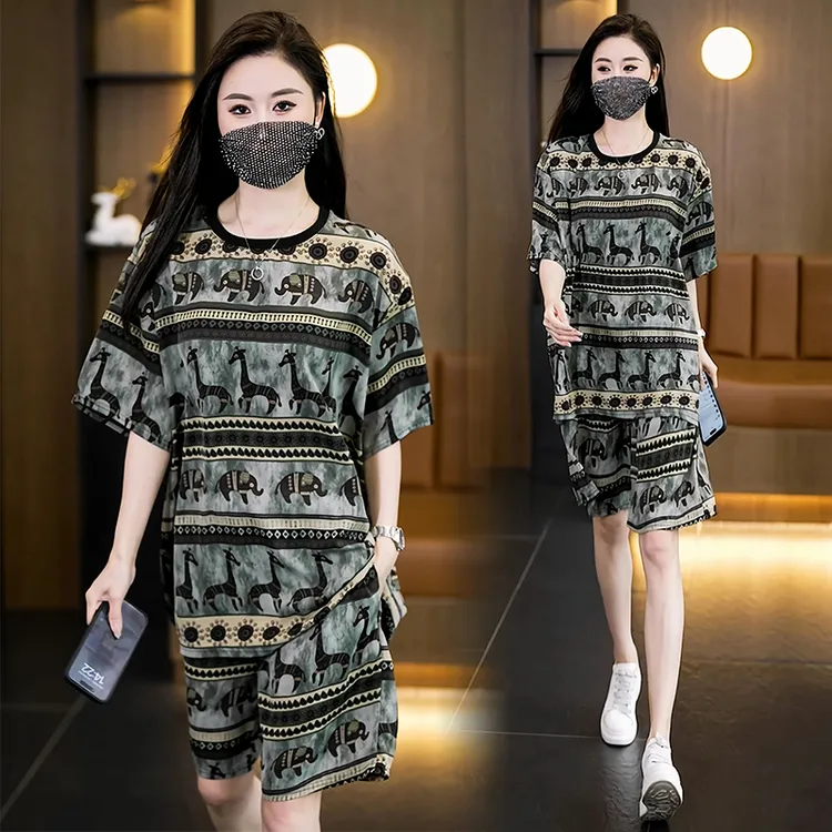 NSY 休闲套装2025夏新款宽松大码印花短袖T恤舒适凉快短裤两件套