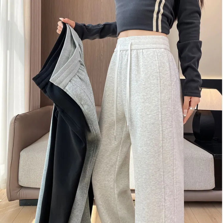窄版香蕉裤女2025新款春秋冬加绒灰色纯棉运动休闲卫裤直筒阔腿裤