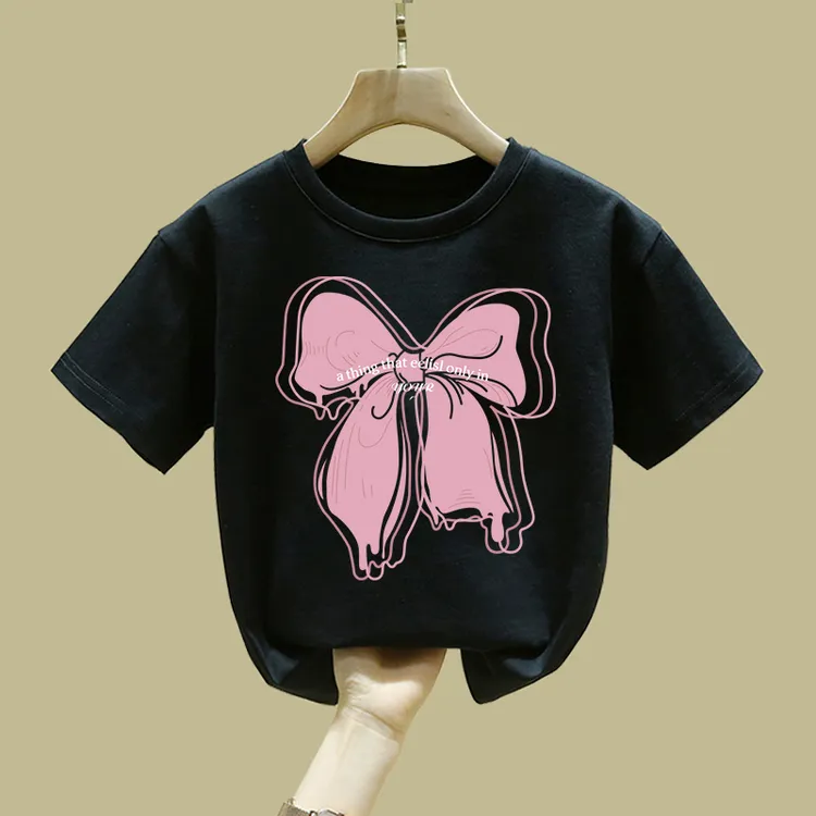 夏季女孩爆款蝴蝶结纯棉T恤2025新款粉色甜美儿童圆领宝宝T恤潮流