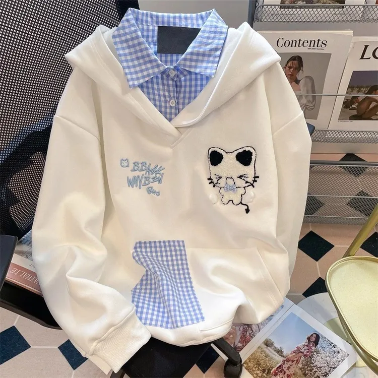 女童卫衣春秋季2025新款儿童秋装上衣连帽青少年假两件中学生衣服