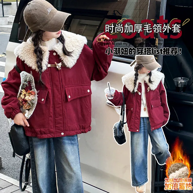 女童毛领外套秋冬季新款中大童加绒加厚棉衣儿童韩版保暖冬装年服