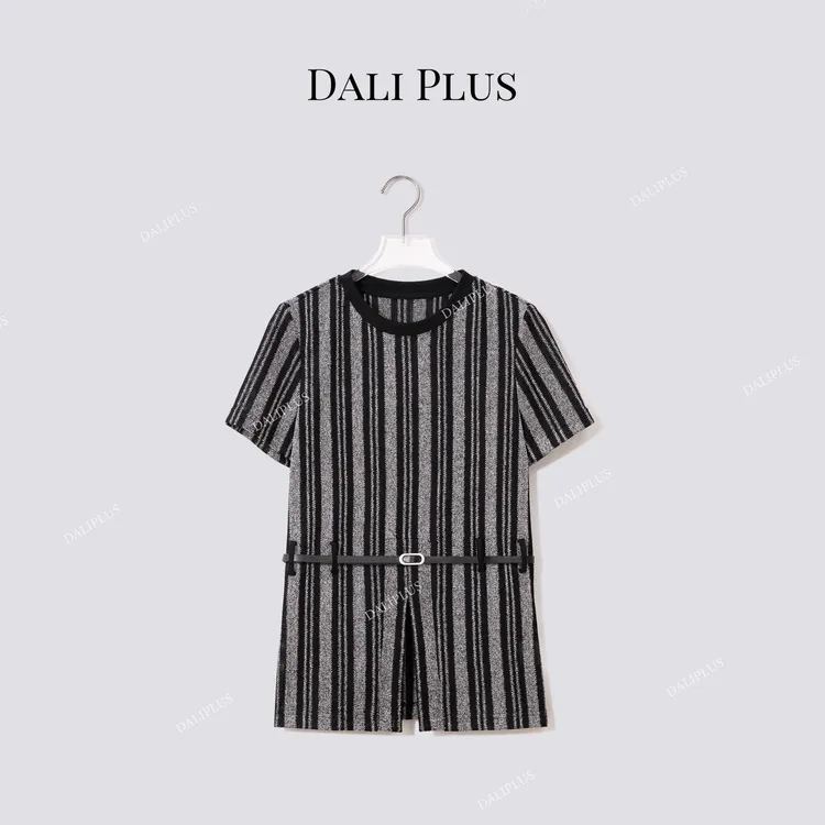 DALI PLUS“棉质条纹针织”圆领撞色腰带收腰T恤-D5LT2183