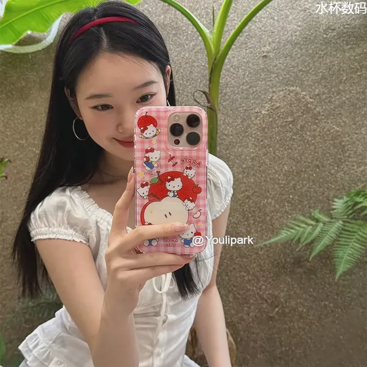 由里公园ins可爱新款闪粉格纹苹果猫咪15适用16pro苹果16promax手