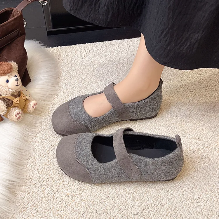 法式复古晚晚风灰色毛呢一字带平底玛丽珍鞋不累脚圆头芭蕾单鞋女