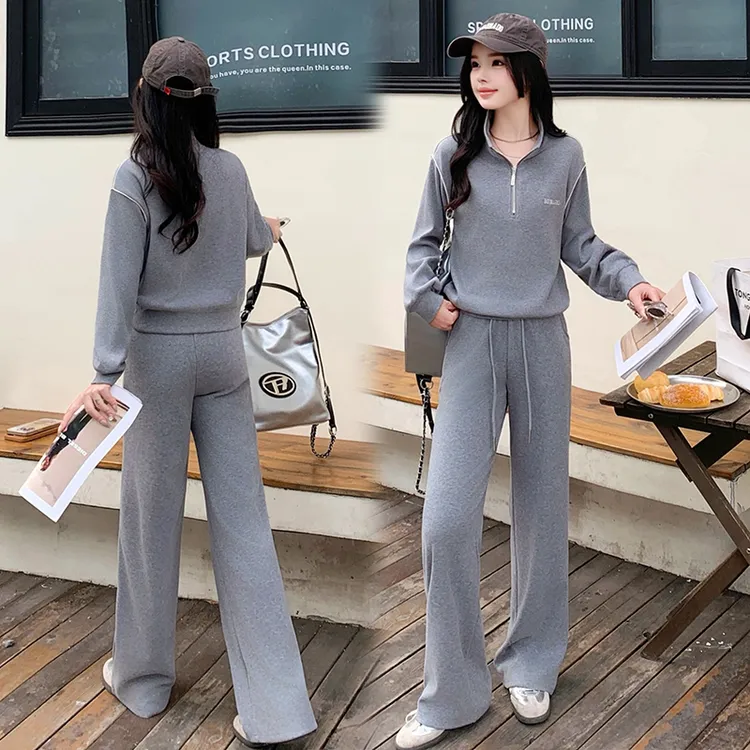 蓝色半拉链卫衣阔腿长裤子女2025年春秋季新款穿搭一整两件套装潮