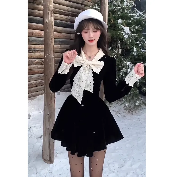 【潘潘】miu系富家千金黑色连衣裙女秋小香风穿搭收腰公主裙QJ0189