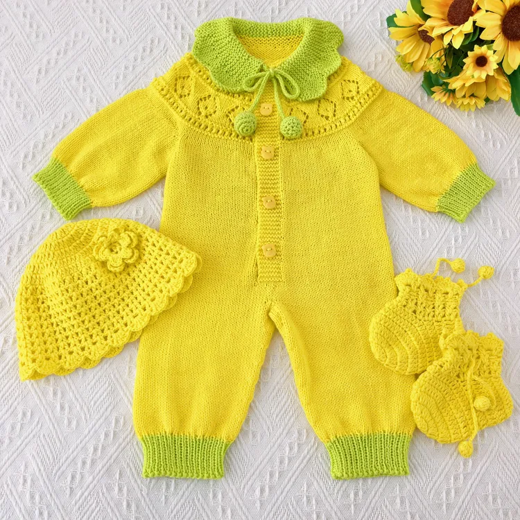 手工编织花瓣领连体三件套 棉线DIY材料包（非成品）