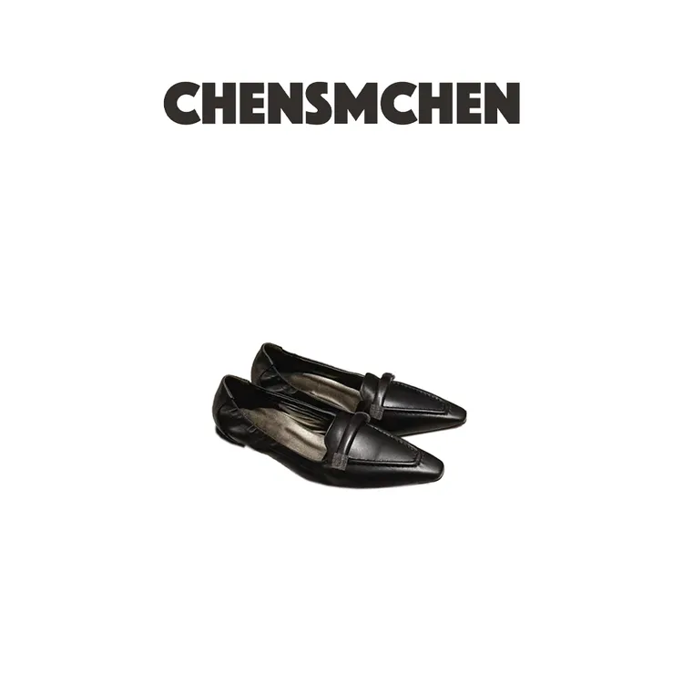 CHENSMCHEN 小众复古金属皮带串珠方头乐福鞋平底舒适单鞋8012