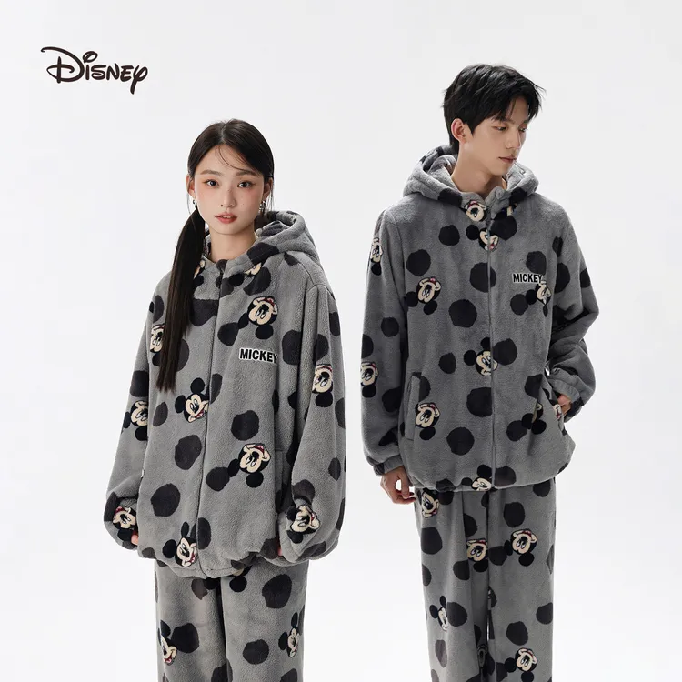 迪士尼米奇法兰绒可外穿卡通可爱情侣连帽睡衣家居服两件套装秋冬