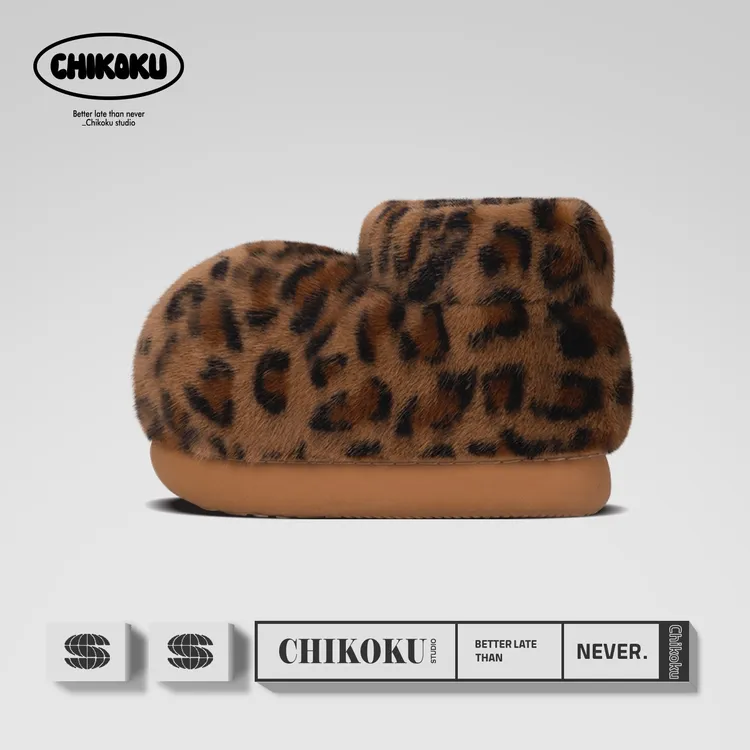 chikoku豹富短筒棉靴女冬季居家室内保暖情侣厚底毛毛鞋包跟棉拖