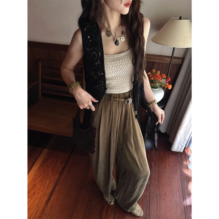 三吉黑花【椿之】铜氨阔腿裤子2025新款今年流行休闲长裤直筒薄款