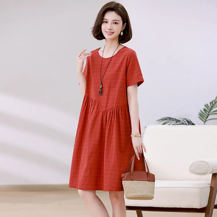 纯棉短袖连衣裙夏季2025新款韩版宽松圆领小个子中年妈妈装裙子女