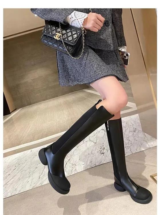 秋冬新款厚底拼色显瘦设计感高筒骑士靴女英伦风长筒靴加绒长靴