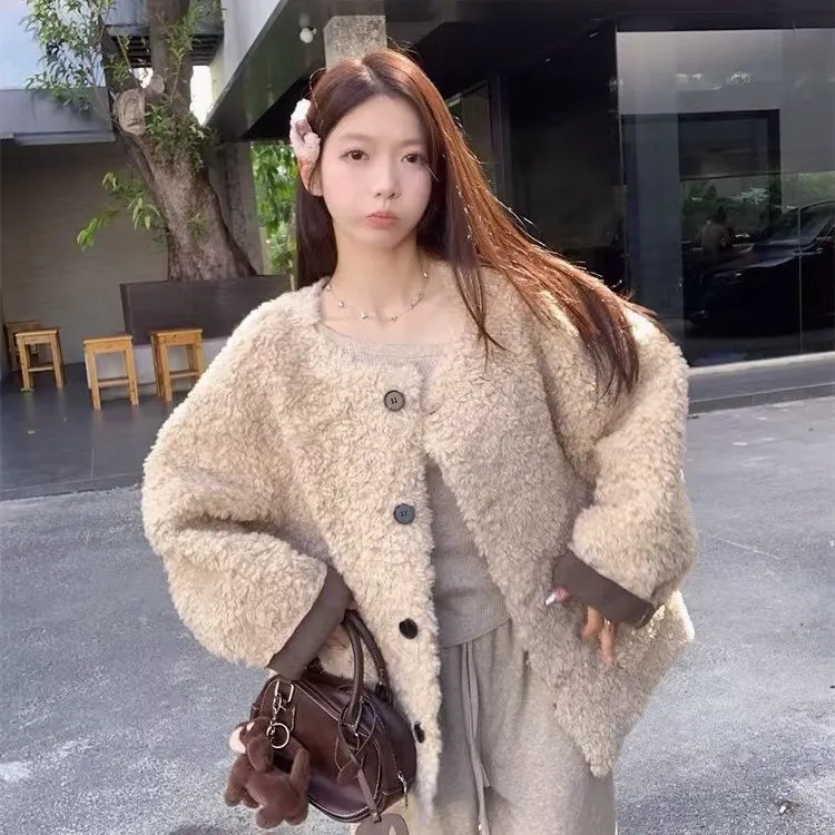 人造皮草 仿羊羔毛外套冬季新款韩系短款小个子宽松加厚时尚上衣