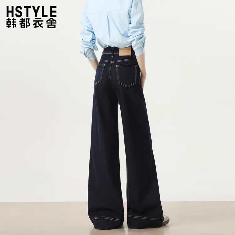 韩都衣舍爆款加绒丹宁蓝宽松阔腿牛仔裤女2025秋冬高级百搭拖地裤